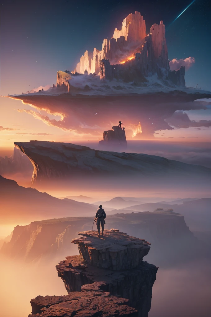 a man standing on top of a cliff looking at a distant light, a matte painting, 2. 5 d cgi anime fantasy artwork, cgsociety 9, ufotable, octane render. by makoto shinkai