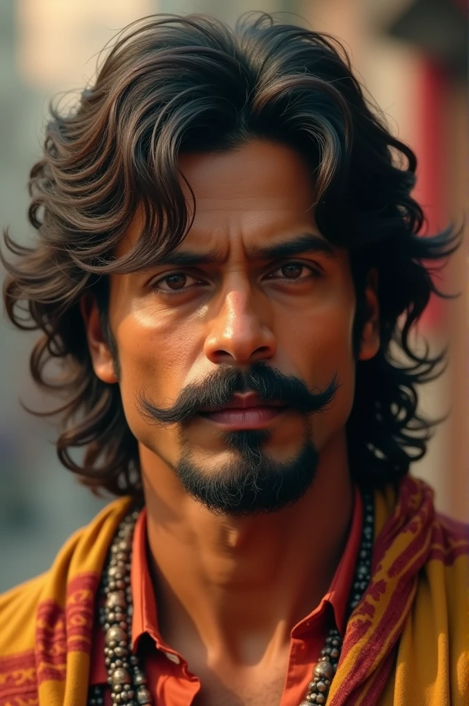 A man with long, shaggy hair, like Shah Rukh Khan's Pathan film, a typical Bollywood mustache, charming and handsome with a macho style.