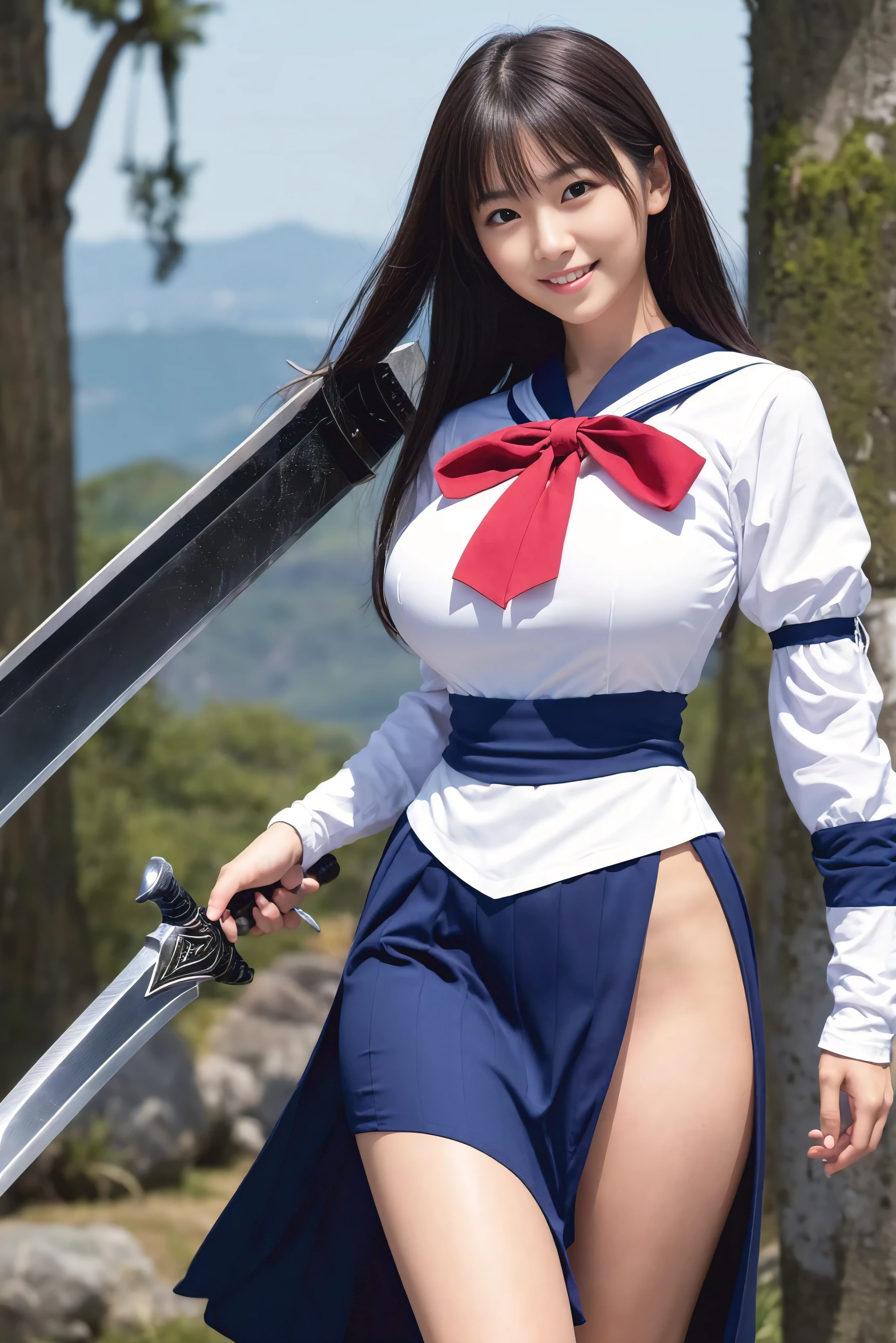 ((highest quality)), (be familiar with), perfect face, Japanese, girl, smile, Full body Esbian:1.5, big breasts:1.5, Woman warrior:1.5, maxi skirt sailor suit armor:1.5, adventurer, huge sword, huge sword, huge sword, huge gun, Sony FE GM