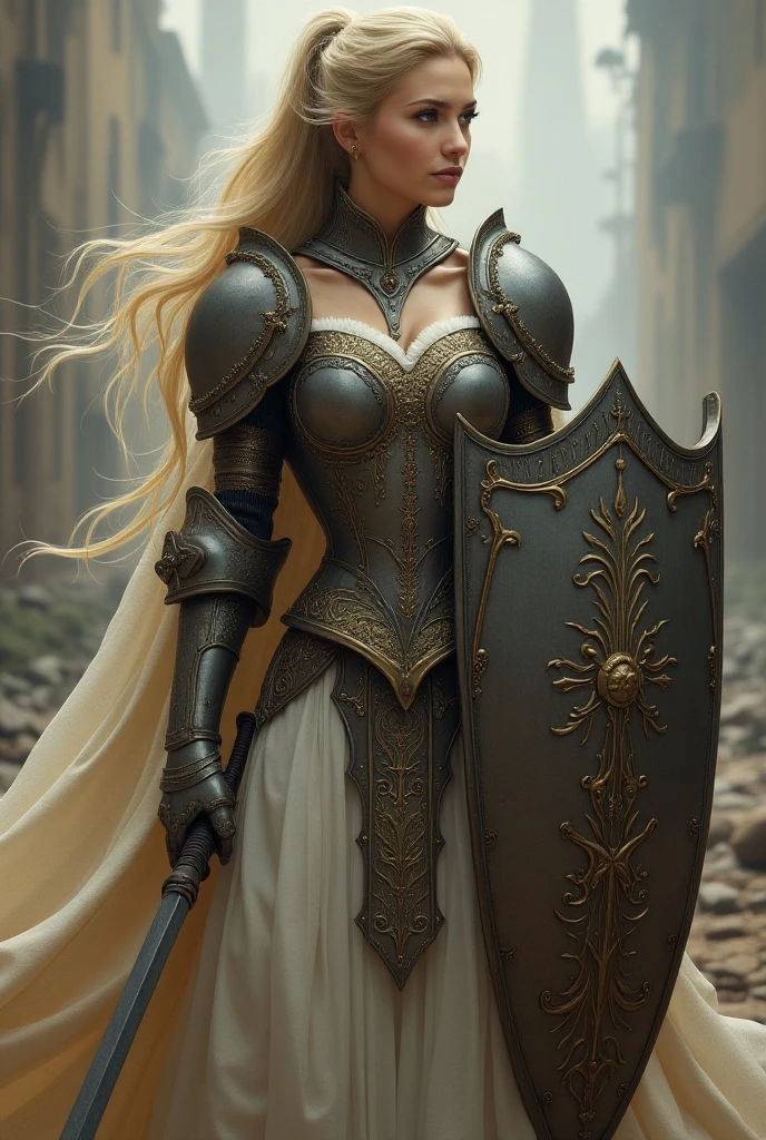 Theme of the game Final Fantasy. Image of a bronze-haired girl standing holding her favorite sword, wearing light armor in black and white, pastel colors, and dramatic tones. A masterpiece with the highest resolution , Image type semi-realistic
