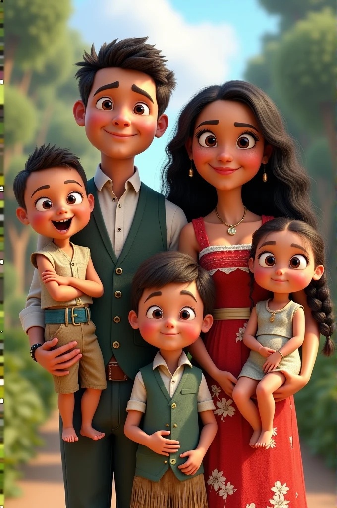 A dark-skinned family from a Mexican village poses for a photograph on a sunny day. The father, straight brown hair, stands out for his good physical shape. Her dark skin stands out under the light, and his brown eyes shine with a kind and protective look. He is dressed in a white shirt and jeans., projecting an image of strength and simplicity. at your side está la madre, a woman with straight black hair that falls gently over her shoulders. Her dark skin and face reflect serenity and warmth.. She wears a colorful blouse that matches a long skirt, highlighting its traditional and elegant style. His dark eyes look directly into the camera, full of love and joy. In front of them are their two daughters. The biggest, with straight brown hair, has a playful glint in his brown eyes. She wears a floral dress and patent leather shoes., showing an expression of curiosity and innocence. at your side, the youngest daughter, with black hair like her mother's, He wears a mischievous smile. She is wearing a white t-shirt and a denim skirt., Her dark, bright eyes reflect the energy and vitality of youth.. The boy brother has thick black hair that contrasts with his dark skin.. He wears a plaid shirt and simple trousers.. His expression is jovial, and his wide smile shows the closeness and unity of the family.