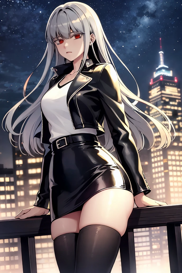 1girl, solo, silver hair, red eyes, bangs, leather jacket, tight skirt, facing viewer
cityscape, citylights, night sky,  