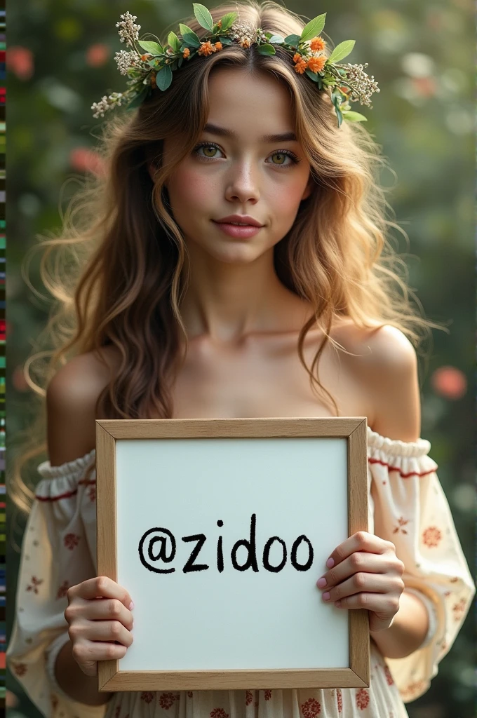 18 years Beautiful girl with wavy long hair, beautiful dress, " fiza name" and showing it to the viewer