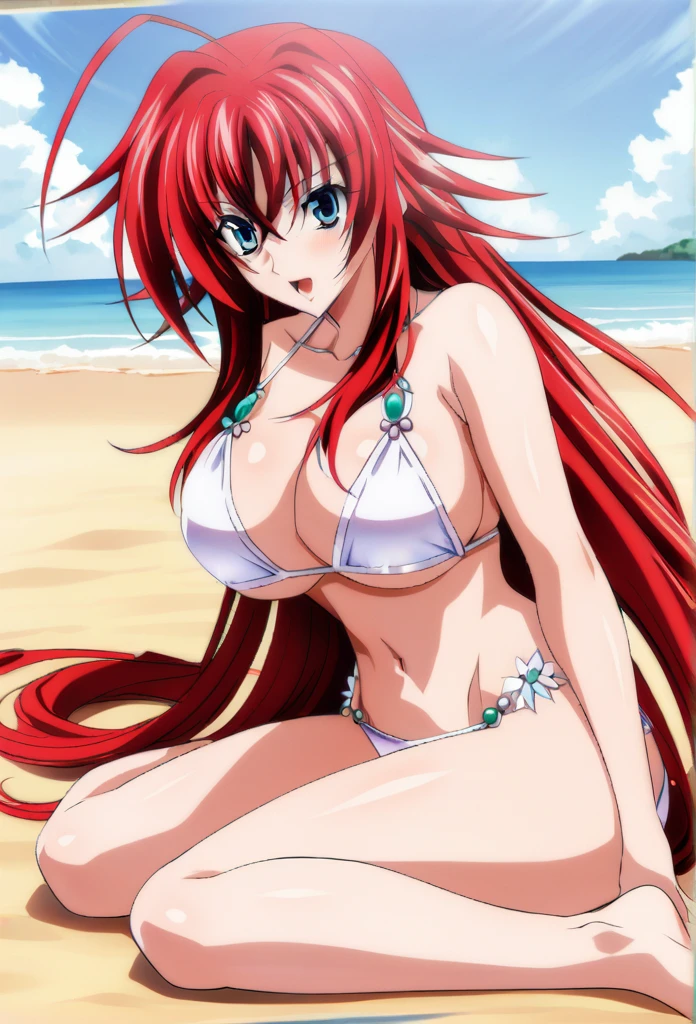 deep system_you laugh, 1 girl, Alone, long_Hair, Looking_en_viewer, open_boca, blue_eyes, big_breasts, Hair_between_eyes, very_long_Hair, _body, choke, red_Hair, session, Huge_choke, white bikini,  masterpiece ,  detailed eyes , without errors, rias_GREMORY, body completo, from head to toe, sitting, on the beach, buena anatomia