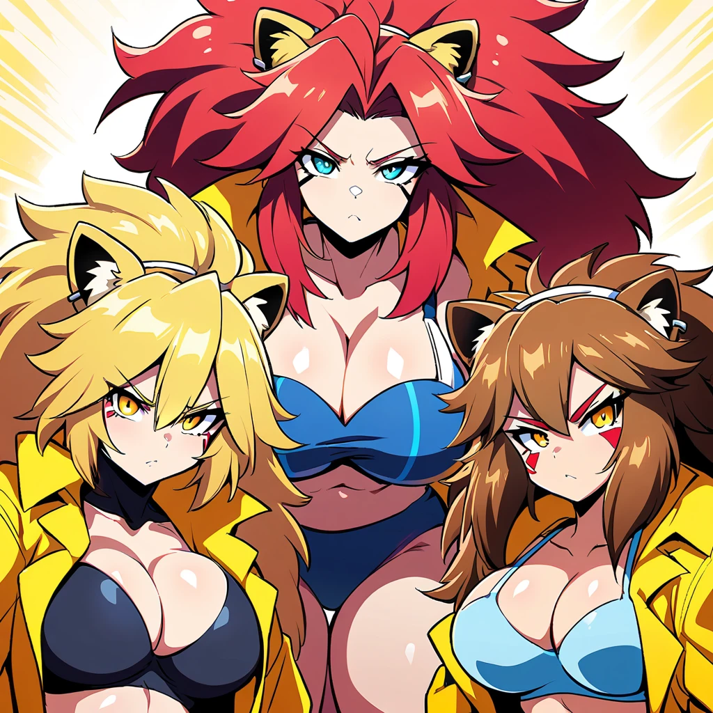 Anime, Cyberpunk female, 5 lion-girls, anthro lion girl, lion girls, lion mane, huge hair, large breasts, blue bra, large yellow jacket, Deep cleavage, chubby, spikes, red fur, serious, posing together, girls surrounding