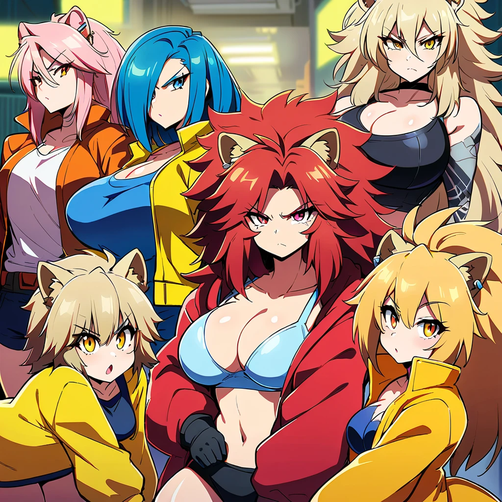 Anime, Cyberpunk female, 5 lion-girls, anthro lion girl, lion girls, lion mane, huge hair, large breasts, blue bra, large yellow jacket, Deep cleavage, chubby, spikes, red fur, serious, posing together, girls surrounding