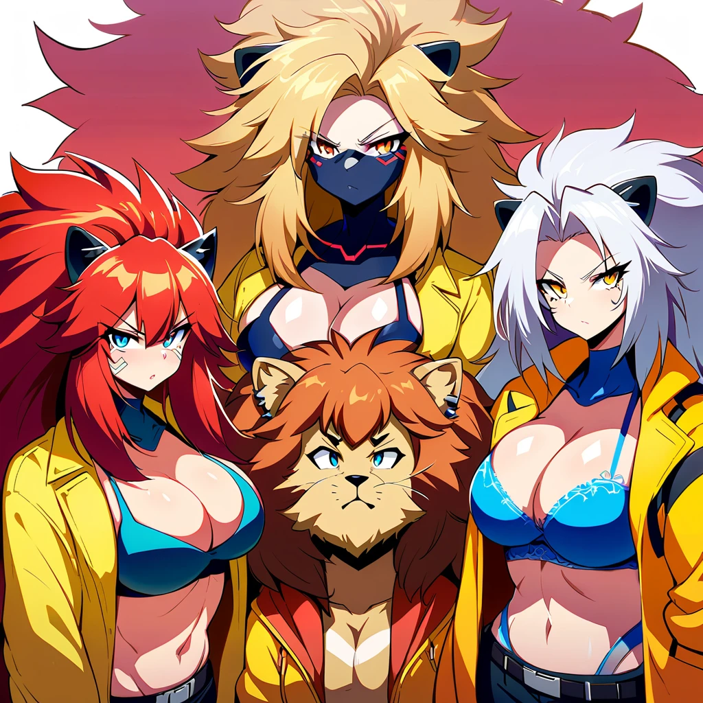 Anime, Cyberpunk female, 5 lion-girls, anthro lion girl, lion girls, lion mane, huge hair, large breasts, blue bra, large yellow jacket, Deep cleavage, chubby, spikes, red fur, serious, posing together, girls surrounding