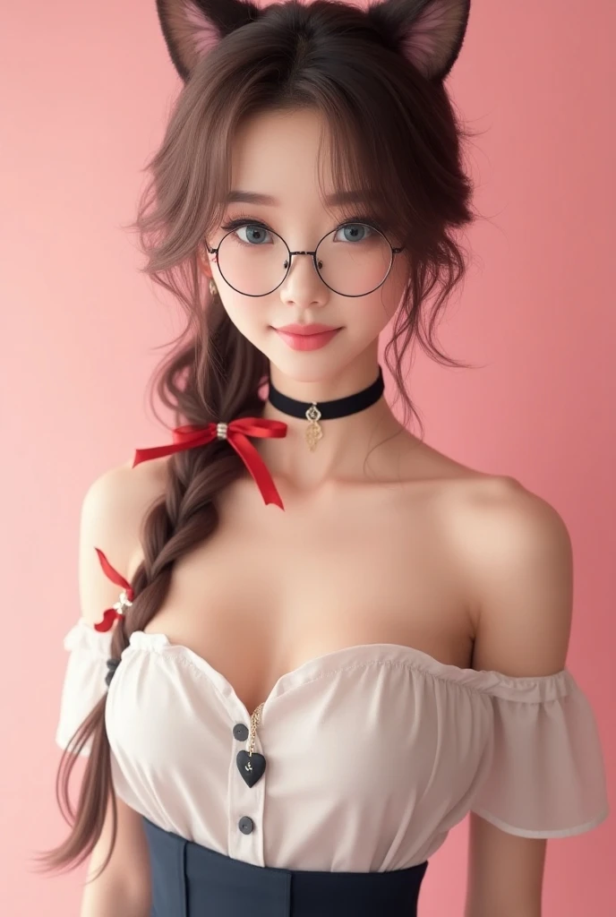Top quality, one beautiful woman, 20 years old, 35mm lens, f/1, dark brown eyes, glasses, braids, black hair, pale skin, medium chest, bras, look at viewer, Key light