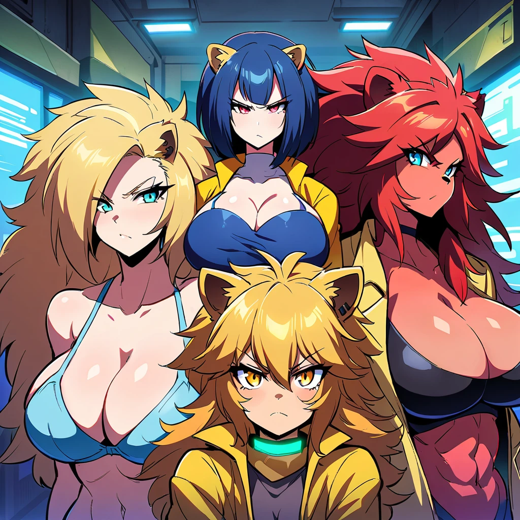 Anime, Cyberpunk female, 5 lion-girls, anthro lion girl, lion girls, lion mane, huge hair, large breasts, blue bra, large yellow jacket, Deep cleavage, chubby, spikes, red fur, serious, posing together, girls surrounding