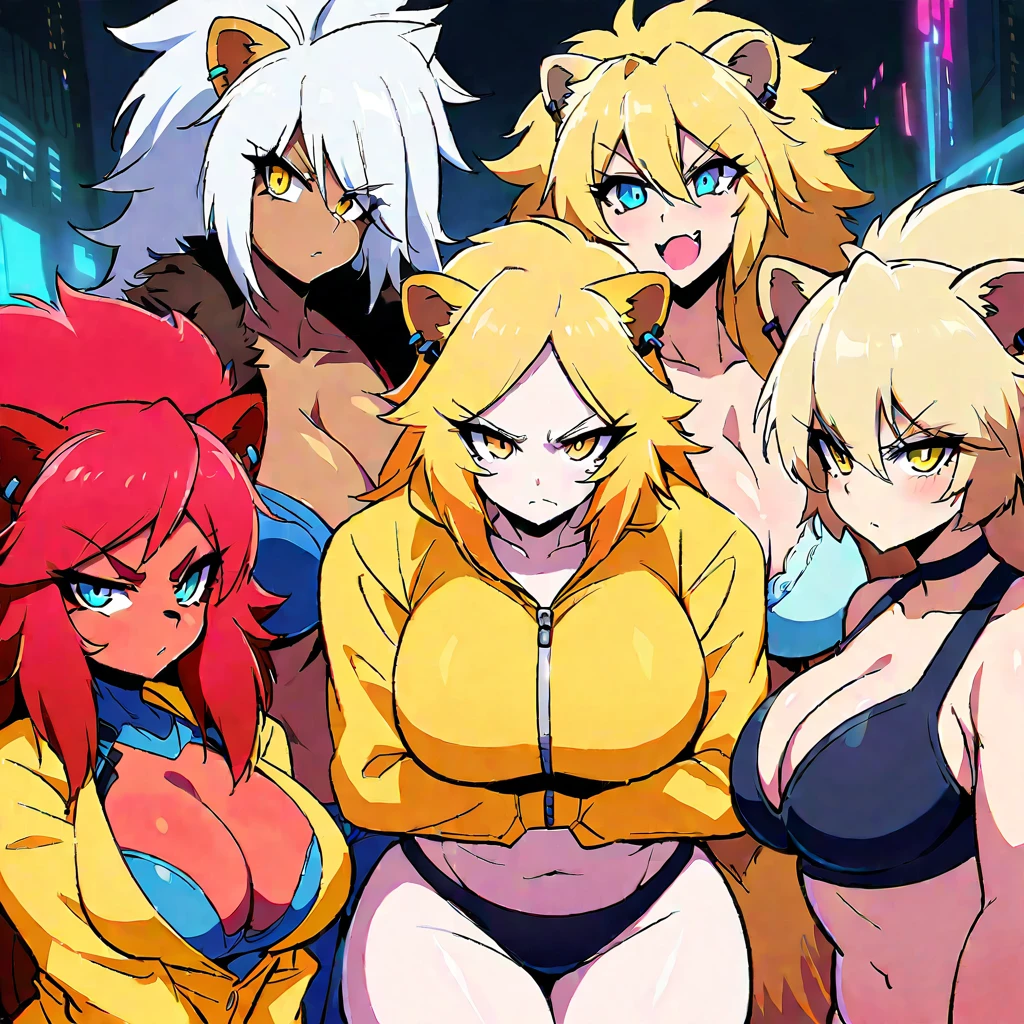 2girl, pumasisters, animal ears, big hair, long hair, blonde hair, (elbow latex gloves, thigh boots), huge breasts, red lips, choker, grin, blush, shiny skin, looking at viewer, spread legs, 1990s \(style\),swimsuit, shoulder armor, cameltoe, cleavage, ass