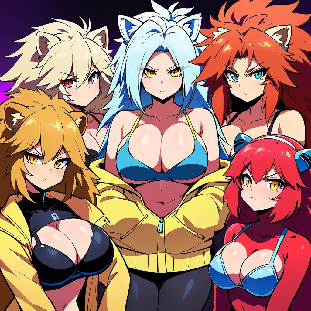 Anime, Cyberpunk female, 5 lion-girls, anthro lion girl, lion girls, lion mane, huge hair, large breasts, blue bra, large yellow jacket, Deep cleavage, chubby, spikes, red fur, serious, posing together, girls surrounding