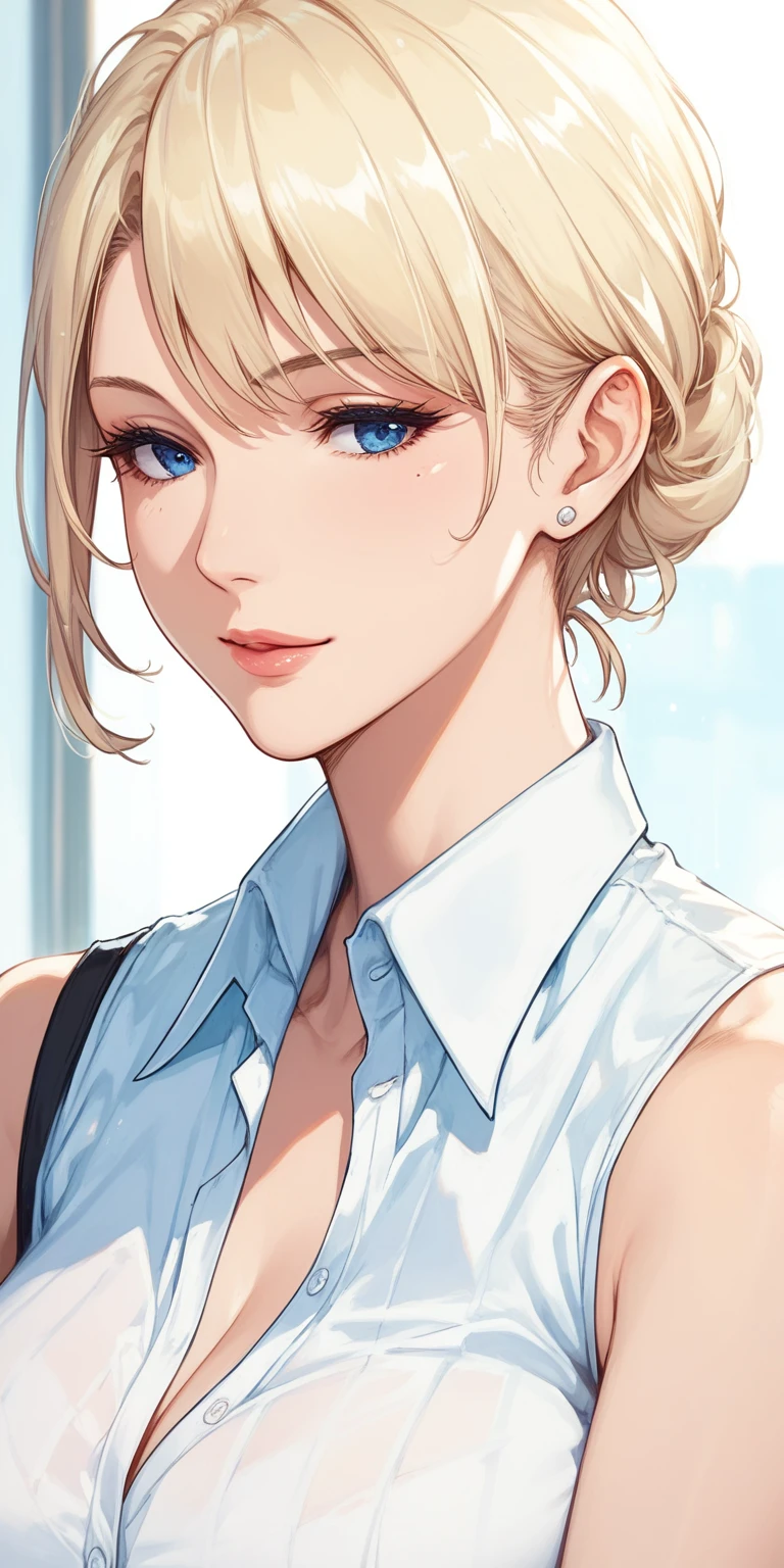 score_9, score_8_up, score_7_up, blonde, chignon hair, blue eyes, perfect eyes, anime lady, elegant mature woman, cool facial expression, office shirt, soft light