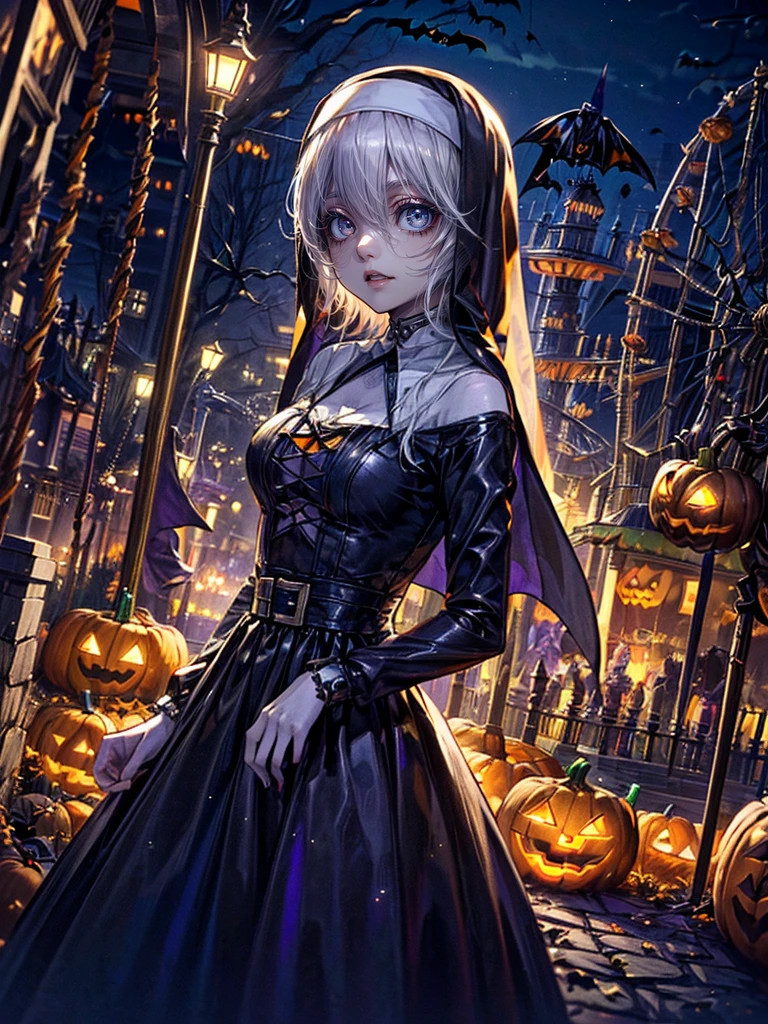 (Best Quality),Very detailed,Very detailed,One mechanical zombies girl (1girl.alone:1.4)(Inside the theme park at night、 Halloween Night Party :1.6),(White skin:1.2)( Nun&#39;s clothing、Nun&#39;s hat:1.3) Very attractive eyes、A seductive smile ( blonde hair:1.8）(A beautiful crescent moonlit night:1.4), (シルバーMechanical arm and legs growing)（chainsaw、Holding a chainsaw:1.8）