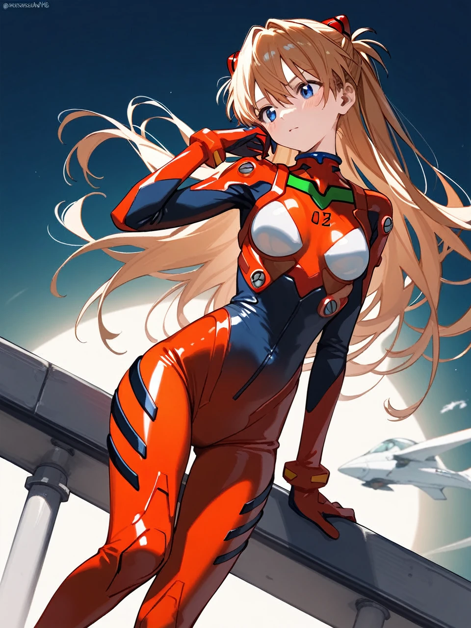 (Top view),Dynamic angle,Extremely detailed, illustration, close up, straight on, 1 Girl, 
 ((Muneru Asuka Langley, Interface Headphones, Red tights:1.4, Blonde)),Her eyes shone like Dreamy stars,(Glowing eyes:1.233),(Beautiful and delicate eyes:1.1),(Poker face,Shut up),(permanent), 
(Mechanical room with tools and spaceship windows，Located inside a white spaceship),
(night:1.2),Dreamy, [[Slender fingers and hands:0.55]::0.85],(Detail fingers),