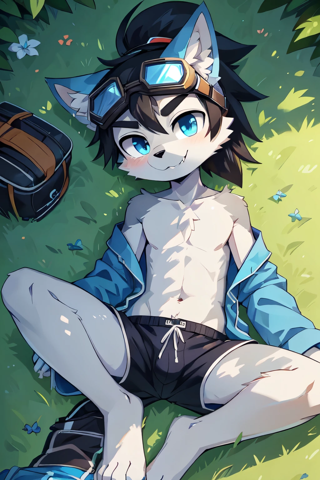 Furry shota, young, wolf, black hair, long spiky ponytail, blue eyes, detailed body fur, ((blue hawaiian shirt, open clothes, black swim trunks, goggles)), masterpiece, looking at you, fangs, clear grey body fur, detailed face, big eyebrows, detailed eyes, detailed body, detailed body fur, detailed hands, flat body, glistering body, shiny body, skinny, perfect lighting, perfect shadows, perfect eyes, perfect hair, perfect face, gorgeous body, hands on hips, solo, :3, smilling, simple background, white background,