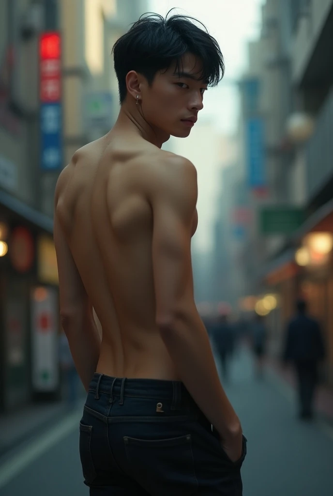  Korean  boy turn back sideways high definition handsome face cute boy comma hair sharp eyes ,naked, sideways turn back walking on city centre street, naked ass, skinny thin slim body.