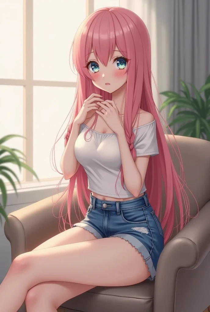 ((One girl)),Sit down, Observe the cat, Loosened look , cute,Latest Fashion Trends ,Open chest,T-Shirts, Shorts,((Very detailed,Highest quality, High resolution, 8k wallpaper, Beautiful clothes,)),((Pink Hair, Long Hair,Straight hair,Both sides up)) ,(Green Eyes),eye shadow, eyeliner,Glowing Eyes, Very detailedな目, Complex eyes, Beautiful Eyes, 輝くGreen Eyes,18-year-old girl, 