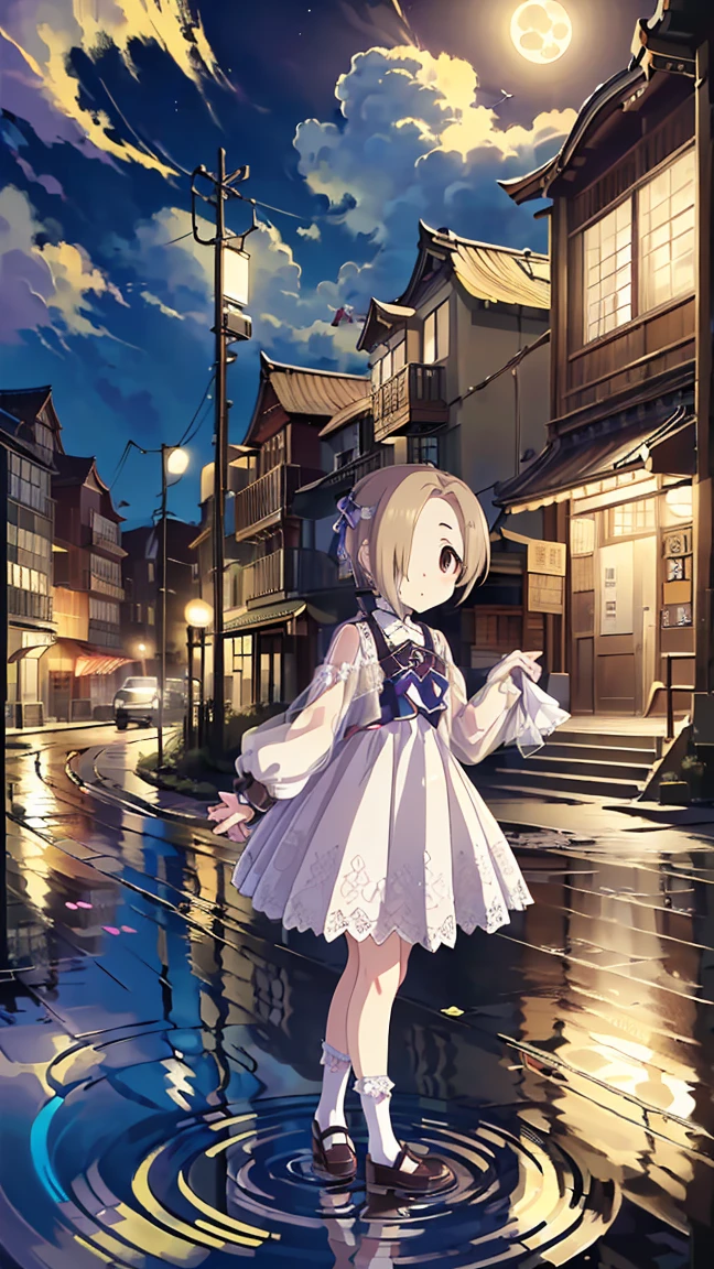 masterpiece, Best Quality,  High Resolution ,  very detailed,(((Shirasaka Koume))), ((( white dress))), (((Standing at a distance))), (((Positive。))), (((Around town))), (((Full moon background))), (((White socks))), (((night))), (((Puddle))),((( 1 girl))), (((solo))), (((Blonde))), (((Brown Hair))), ((( short hair))), (((Hair covering one eye)))