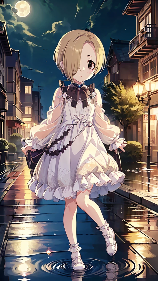 masterpiece, Best Quality,  High Resolution ,  very detailed,(((Shirasaka Koume))), ((( white dress))), (((Standing at a distance))), (((Positive。))), (((Around town))), (((Full moon background))), (((White socks))), (((night))), (((Puddle))),((( 1 girl))), (((solo))), (((Blonde))), (((Brown Hair))), ((( short hair))), (((Hair covering one eye)))