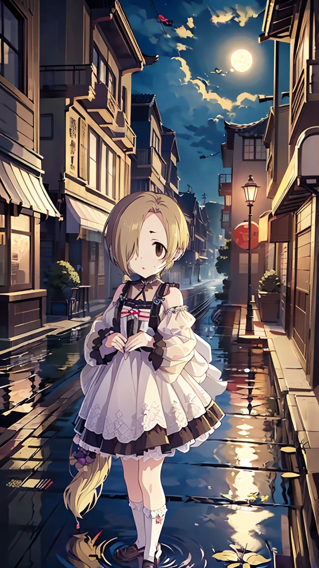 masterpiece, Best Quality,  High Resolution ,  very detailed,(((Shirasaka Koume))), ((( white dress))), (((Standing at a distance))), (((Positive。))), (((Around town))), (((Full moon background))), (((White socks))), (((night))), (((Puddle))),((( 1 girl))), (((solo))), (((Blonde))), (((Brown Hair))), ((( short hair))), (((Hair covering one eye)))