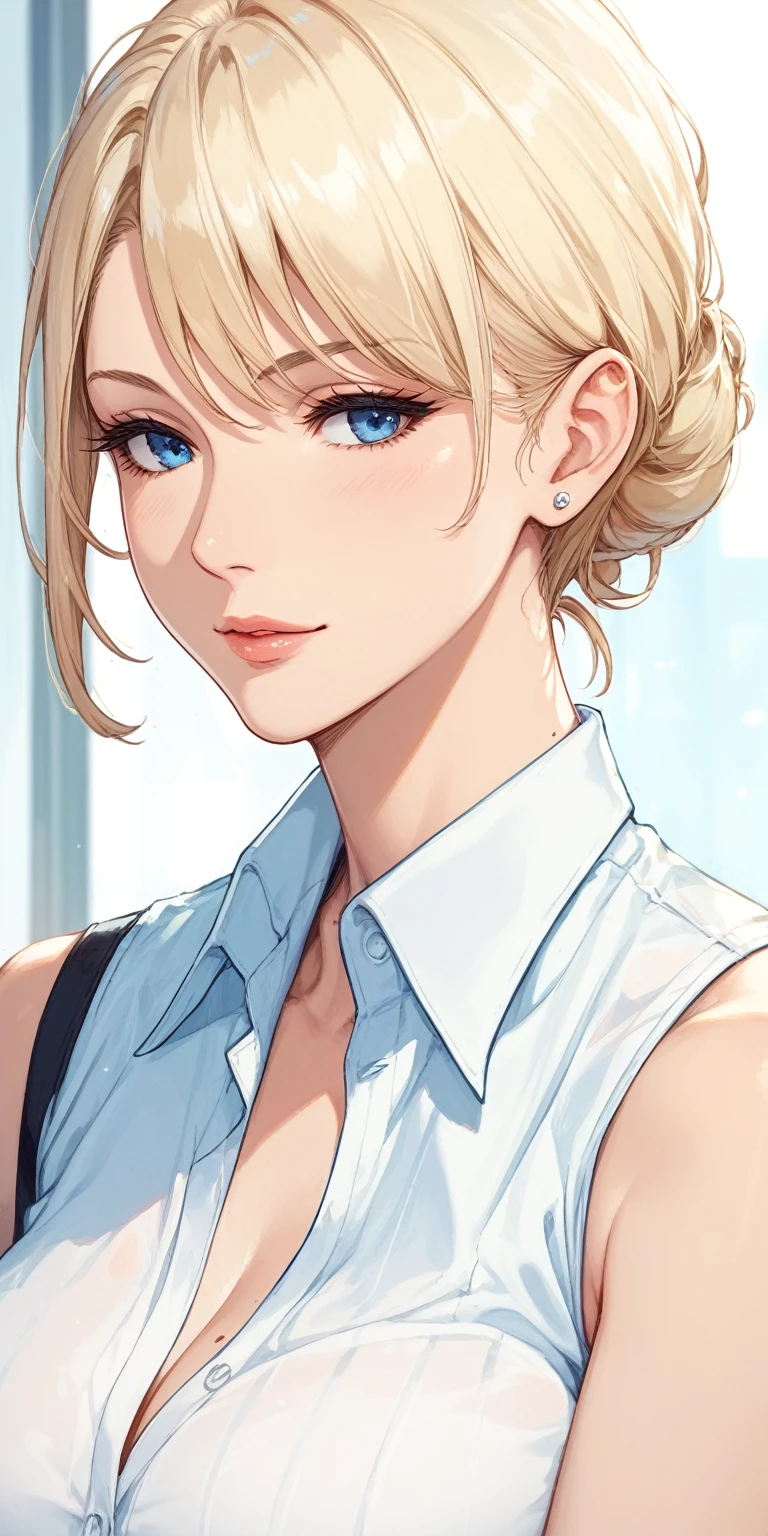 score_9, score_8_up, score_7_up, blonde, chignon hair, blue eyes, perfect eyes, elegant mature woman, cool facial expression, office shirt, soft light