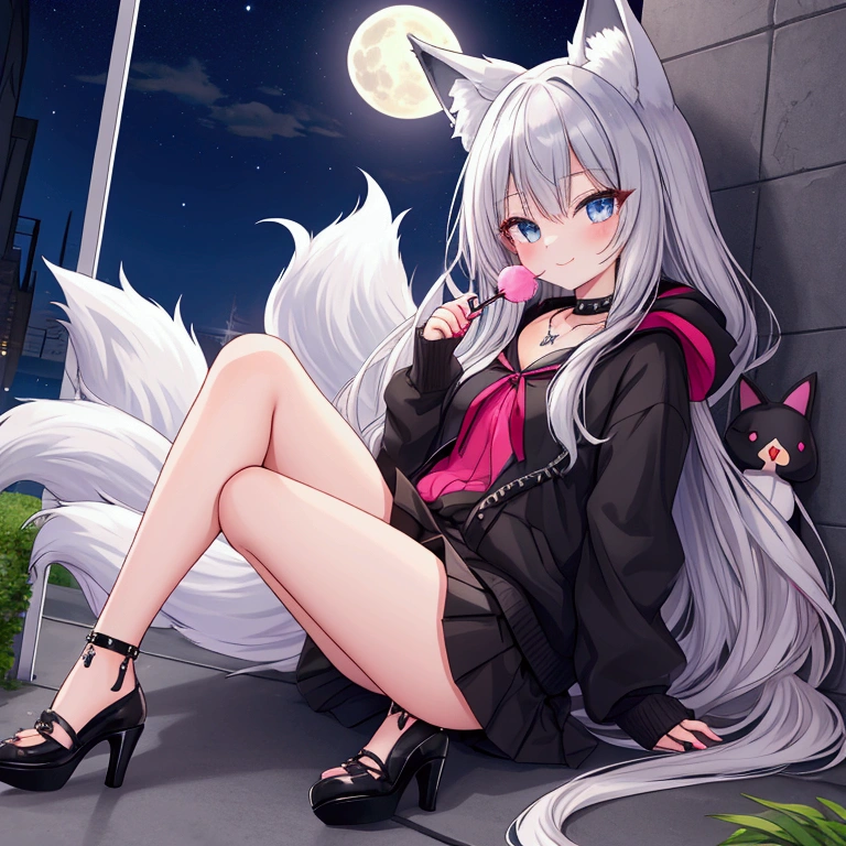  Best quality,  masterpiece,  HD,  Exactly,  rhinestones,  Night,  Full moon,  vor Shop,  Fox girl, fuchsohr, fox tail opened hoodie , schwarz, costs, playful ,schwarz, necklace,  Cross,  very short pleated skirt, schwarz/rot, black overknees transparent,  high heels elegant sexy shoes,  black panties,  cola in hand , ****pop in hand ,sweet smile,  cute bunny backpack , bluesilver hair, very very very long hair,   blue-gray eyes ,  put on wall,  