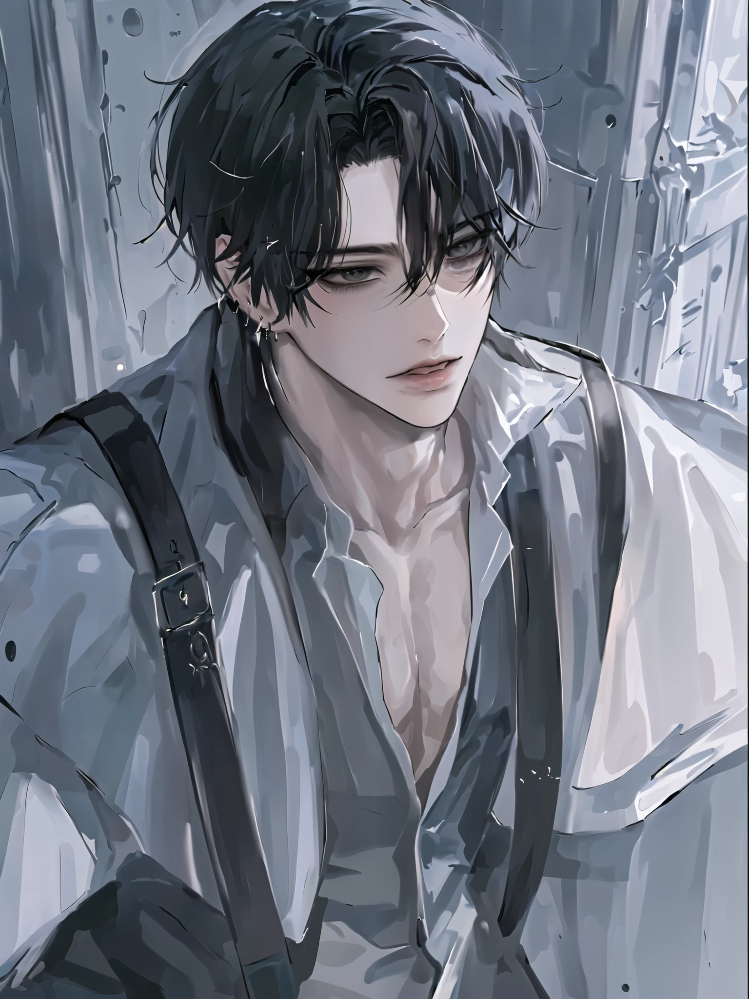1 boy, portrait, earring, alone,Lips, male focusgreen eyes, Looking at the audience, Black hair, Short hair, Closed mouth, ( maturity male, maturity :1.2) 1 girl, High resolution, Long hair, Black hair, black eyes dark face , angry, beautiful, sexy ( maturity women, maturity :1.2) อายุ 25 beautifulหล่อ หน้าอกใหญ่1:3