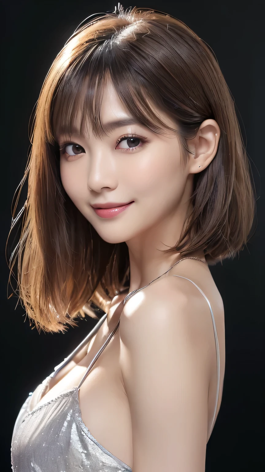 (sfw:1.5),(masterpiece, highest quality),1 girl, Cute beauty、28 years old、alone, Looking at the audience, (((Gray Hair)))、Highly detailed shiny short bob hairstyle:1.4, short hair:1.8、Beautiful symmetrical face、Beautiful and attractive woman、Whity, lips, bangs, Outdoor, Mouth closed, Upper Body、Big eyes、eyelash、(((Blue Costume)))、((Very simple black background:1.8))、(((Looking at the audience、Show me your ears、Long neck、smile、smile)))、Ideal body type、(((huge big breasts , Cleavage:1.6、Happy smile、Beautiful Teeth)))、(((Anatomically correct:1.5)))、(Perfect body proportions)、 ((Round face)), Realistic Eye Size, Big Eyes、Droopy eyes
