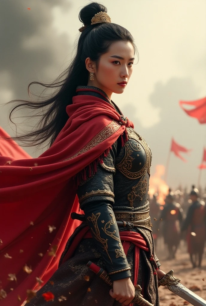 Mulan: In full battle gear, showcasing her skill with a sword and strategy, embodying bravery and honor.