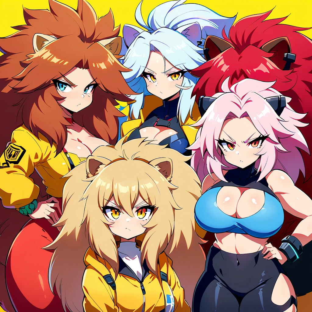 Anime, Cyberpunk female, 5 lion-girls, anthro lion girl, lion girls, lion mane, huge hair, large breasts, blue bra, large yellow jacket, Deep cleavage, chubby, spikes, red fur, stripes, serious, posing together, girls surrounding