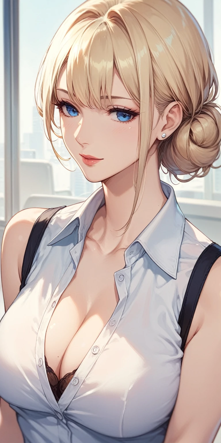 score_9, score_8_up, score_7_up, blonde, chignon hair, blue eyes, perfect eyes, anime lady, elegant mature woman, cool facial expression, office shirt, soft light