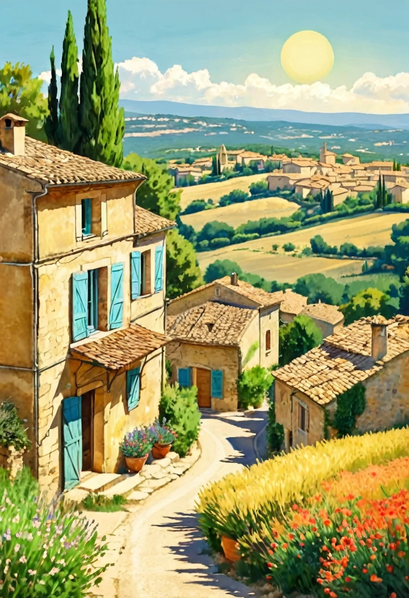 the photo shows nature in Provence, France.
French countryside.
a village stands in the distance.
sun.
beautiful day
comfort.
vintage style.
cartoon painting.
elegance