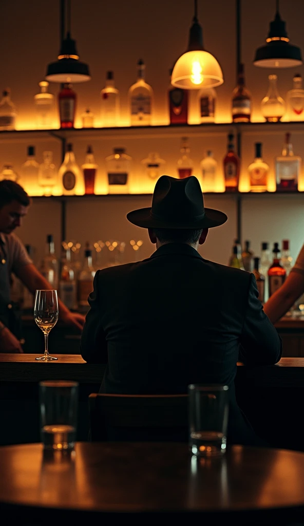 a man in a 1940s chicago bar, wearing a dark suit and fedora hat, drinking a cocktail, photorealistic,highly detailed,intricate lighting and shadows,cinematic,dramatic, moody atmosphere, film noir style
