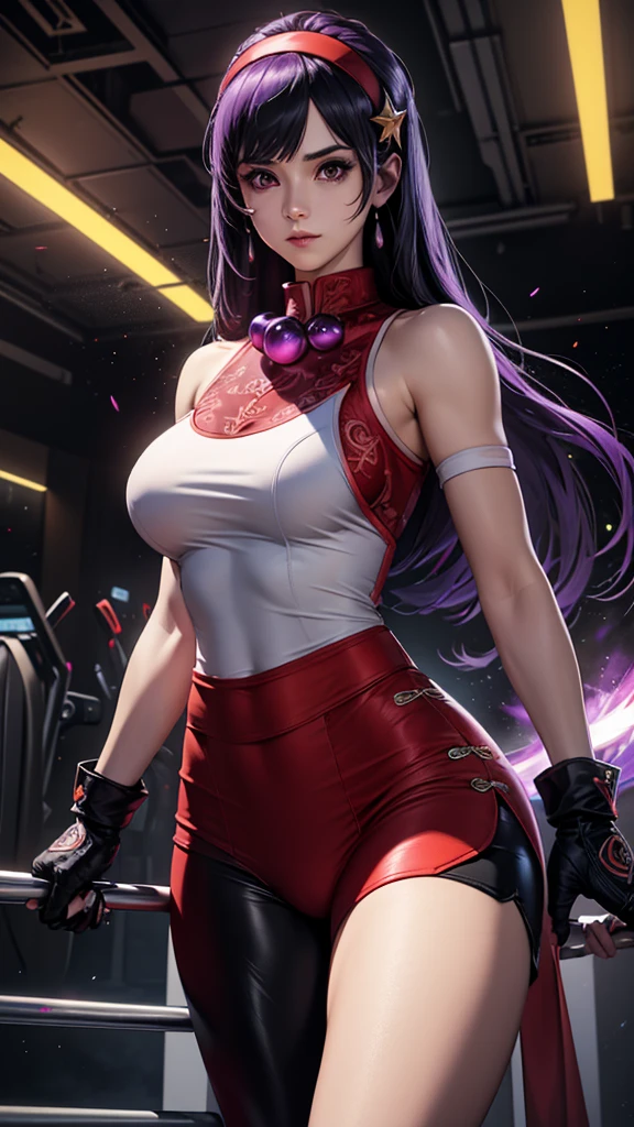 Realistic 1.2, She is at the gym, gym, headband, long hair, purple haingerless gloves, purple eyes, headband vermelha, jewelry, star, (symbol), hair ornament, red sports skirt ,  black legue pants underneath , hair ornament de star, big breasts, red tank top, fringe, big breasts, red gloves, ( Computer-generated images) e VFX (Visual Effect)  highlight intricate anatomical features in a perfect way. sfx, complement visual art, immersing the viewer. The level of detail is inspiring,  with meticulously crafted intricate elements ,  volumetric effects add depth and dimension , and the photorealism is unmatched. The image is rendered in 8K resolution,  ensuring super-detailed visuals , highlighting your beauty and aura in a supernatural way.  High Dynamic Range technology  (HDR)  makes the cores stand out , adding richness to the overall composition. Finally, this art presents an unreal portrait.