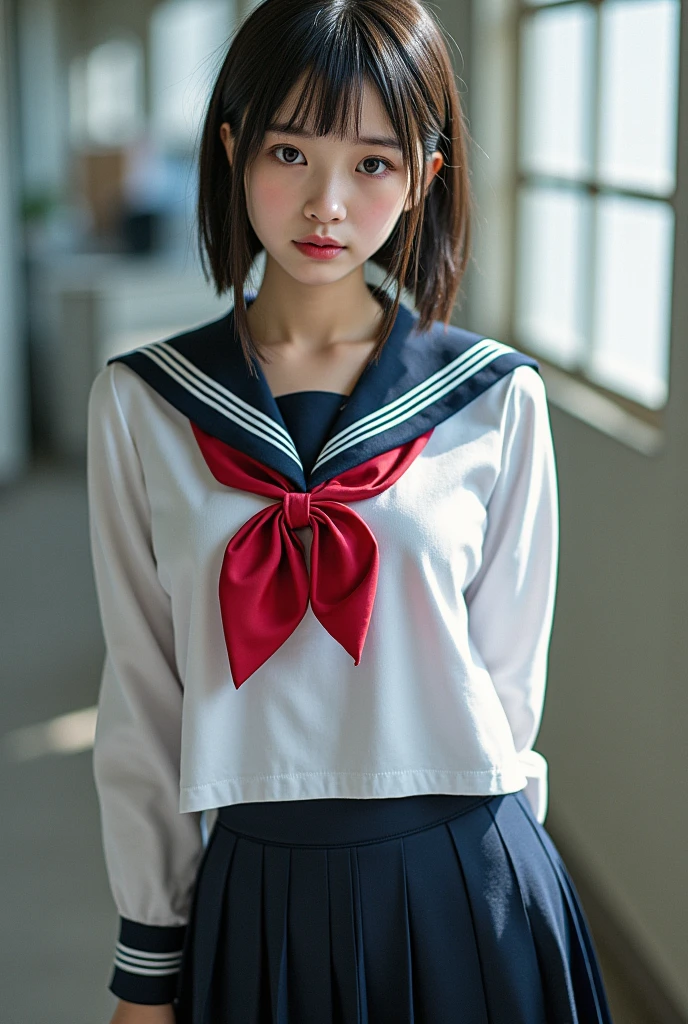 (masterpiece, Best Quality:1.2), 1 girl, , Alone,  sailor suit , Cute expression, Detailed uniform, Sailor collar,  pleated skirt,  anime style, Vibrant colors,  soft lighting , Realistic,  cinematic composition, Intricate details,  High Resolution ,  Digital Art 