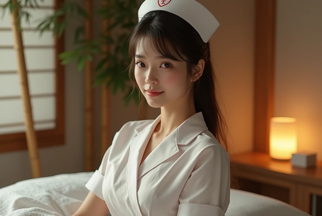 Alafed Japan nurse in uniform sitting on bed, nurse girl, Japan girl, nurse, nurse, Japan woman, sitting on bed, nursing, sitting on bed, (nurse), gorgeous young Japan woman, beautiful Japan woman, wearing a white coat, (chest wide open), (((1girl)),(happy smile, open mouth:1.1), RAW portrait of japanese girl,80mm,ultra high res, best quality, BREAK (nurse uniform:1.1),(looking down at viewer ,from below),large breasts ,Hospital room, bed ,sitting on bed, BREAK ( natural skin texture ,detailed skin, hyperrealism ,ultra sharpness),intricate details ,high resolution, natural lightin,