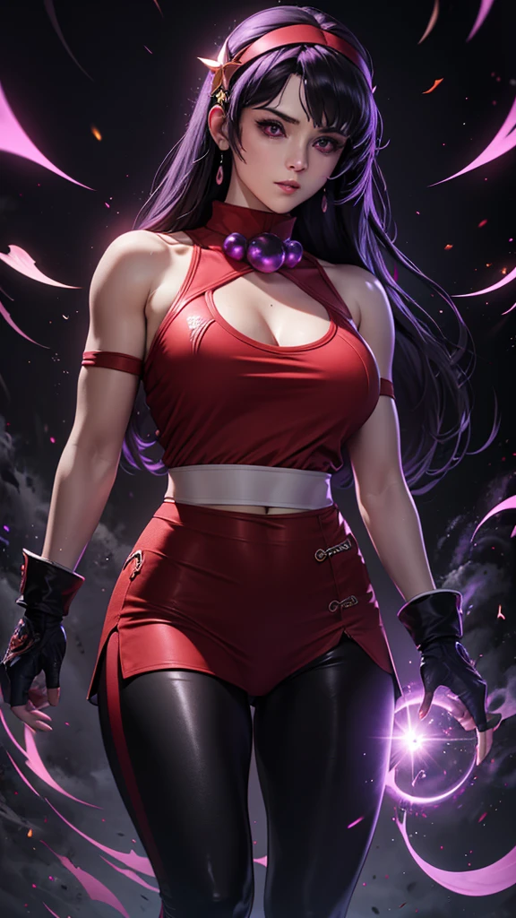 Realistic 1.2, She is at the gym, gym, headband, long hair, purple haingerless gloves, purple eyes, headband vermelha, jewelry, star, (symbol), hair ornament, red sports skirt ,  black legue pants underneath , hair ornament de star, big breasts, red tank top, fringe, big breasts, red gloves, ( Computer-generated images) e VFX (Visual Effect)  highlight intricate anatomical features in a perfect way. sfx, complement visual art, immersing the viewer. The level of detail is inspiring,  with meticulously crafted intricate elements ,  volumetric effects add depth and dimension , and the photorealism is unmatched. The image is rendered in 8K resolution,  ensuring super-detailed visuals , highlighting your beauty and aura in a supernatural way.  High Dynamic Range technology  (HDR)  makes the cores stand out , adding richness to the overall composition. Finally, this art presents an unreal portrait.