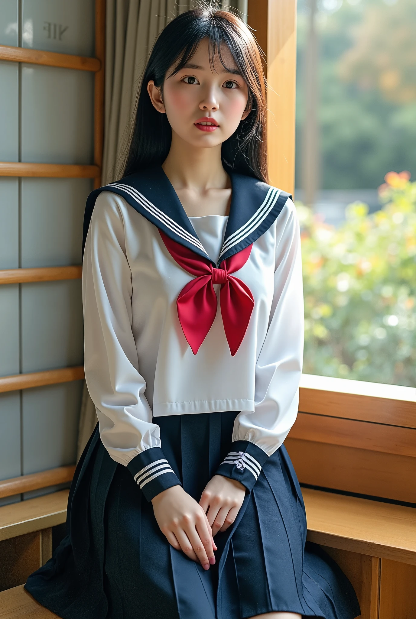 (masterpiece, Best Quality:1.2), 1 girl, , Alone,  sailor suit , Cute expression, Detailed uniform, Sailor collar,  pleated skirt,  anime style, Vibrant colors,  soft lighting , Realistic,  cinematic composition, Intricate details,  High Resolution ,  Digital Art 