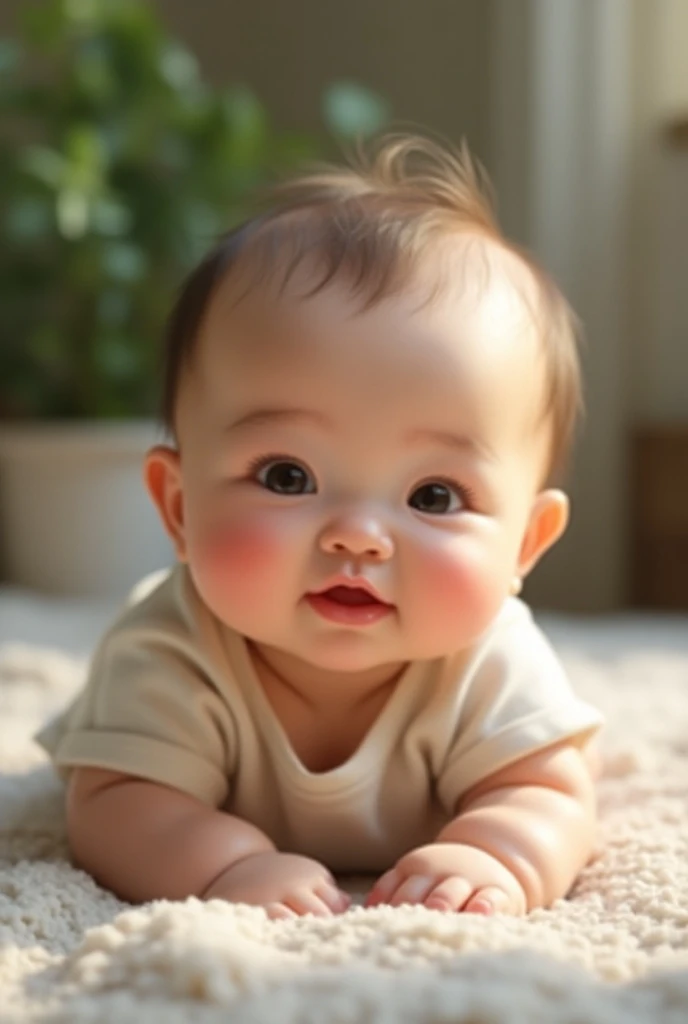 Overall photo of asian baby in clothes，You can see the whole body，Lie down in bed，adolable，Warm picture，Photographic works，k hd，detail-rich，4 months old,Close your eyes