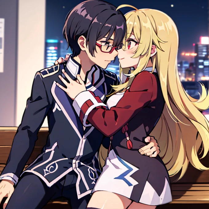 1 boy with black hair, Red jacket and glasses romantically kissing a girl with blonde hair and red eyes. With a white miniskirt, city at night in the background., True love, blushing cheeks, high quality, Milla Maxwell from Tales of Xillia 