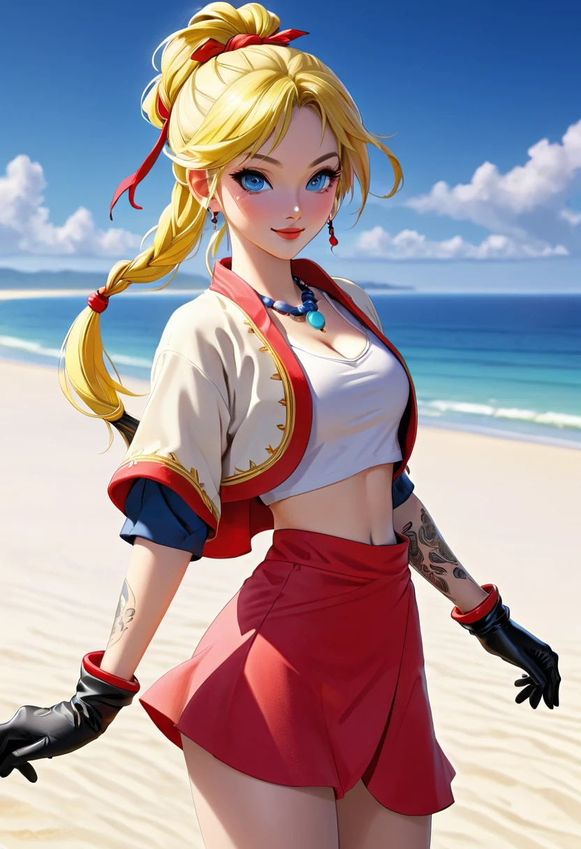 score_9, score_8_up score_7_up, (leg focus), (viewed from slightly below:1.27), ((mature face)), blue eyes, warm smile, 20 years old, yellow hair in a high braided ponytail, (small bust:1.42), navel, standing on white sand beach, fitted jacket 3/4 cropped (red), ((nude torso under jacket)) , form fitting micro skirt (red), ((skirt is partially open)), (yellow pubic hair peeks out of her skirt:1.37), (wearing loose leather boots), (wearing ankle wraps), detailed face, detailed eyes, detailed lips, highly detailed hands, 8k, UHD, cinematic lighting, vivid colors, dramatic shadows, masterpiece, award winning art, (full length portrait:1.37), (wide angle:1.37), (kdecc, ponytail, (facial tattoo), necklace, red vest, midriff, red skirt, gloves), mix make up