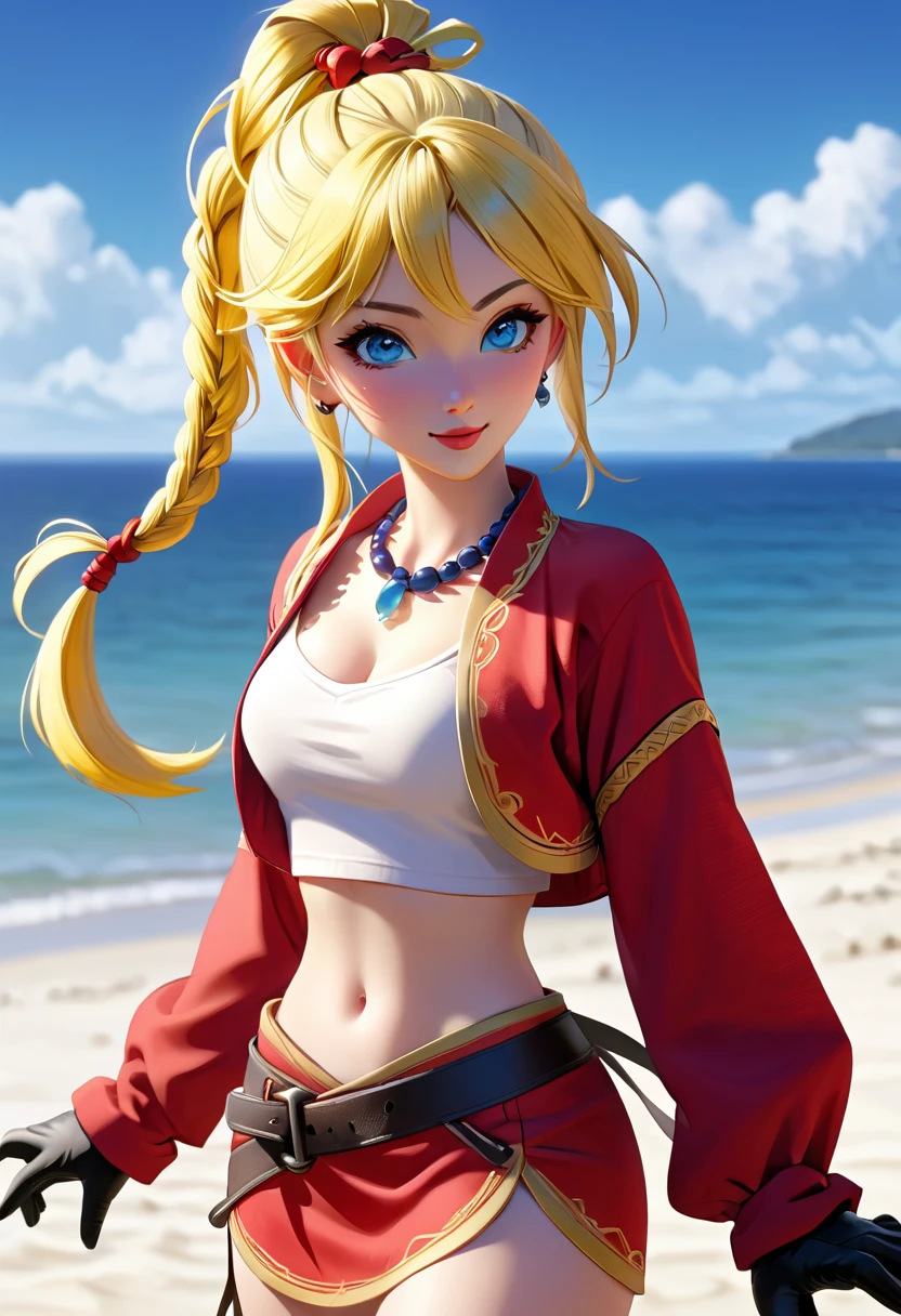 score_9, score_8_up score_7_up, (leg focus), (viewed from slightly below:1.27), ((mature face)), blue eyes, warm smile, 20 years old, yellow hair in a high braided ponytail, (small bust:1.42), navel, standing on white sand beach, fitted jacket 3/4 cropped (red), ((nude torso under jacket)) , form fitting micro skirt (red), ((skirt is partially open)), (yellow pubic hair peeks out of her skirt:1.37), (wearing loose leather boots), (wearing ankle wraps), detailed face, detailed eyes, detailed lips, highly detailed hands, 8k, UHD, cinematic lighting, vivid colors, dramatic shadows, masterpiece, award winning art, (full length portrait:1.37), (wide angle:1.37), (kdecc, ponytail, (facial tattoo), necklace, red vest, midriff, red skirt, gloves), mix make up