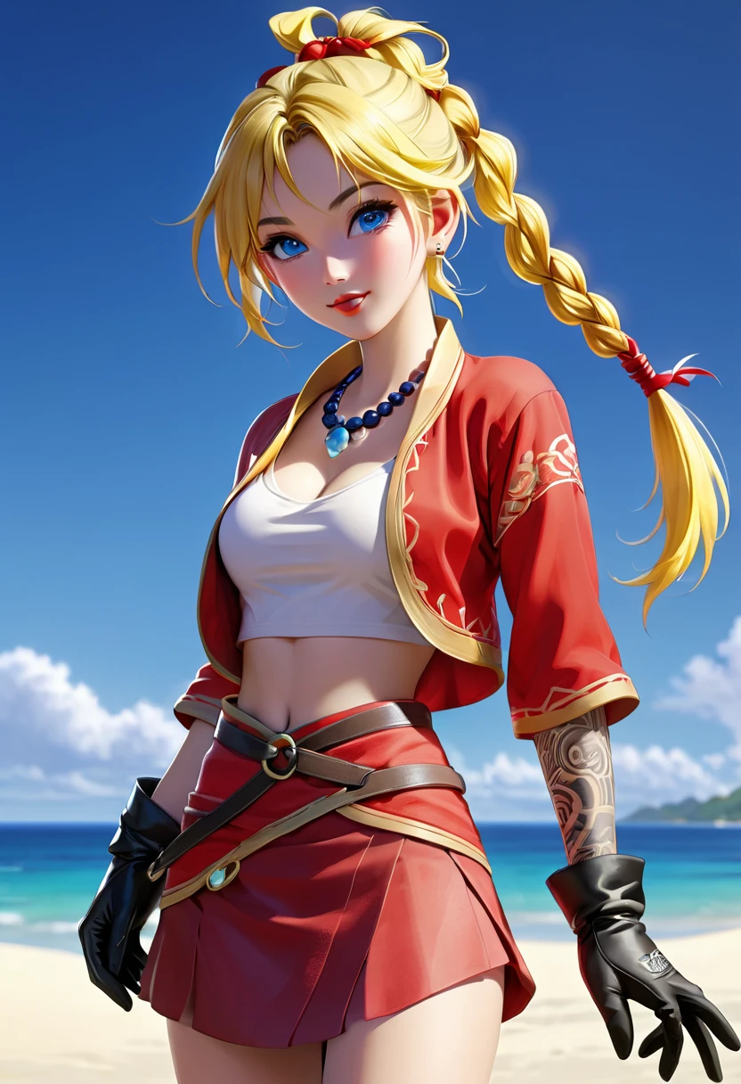 score_9, score_8_up score_7_up, (leg focus), (viewed from slightly below:1.27), ((mature face)), blue eyes, warm smile, 20 years old, yellow hair in a high braided ponytail, (small bust:1.42), navel, standing on white sand beach, fitted jacket 3/4 cropped (red), ((nude torso under jacket)) , form fitting micro skirt (red), ((skirt is partially open)), (yellow pubic hair peeks out of her skirt:1.37), (wearing loose leather boots), (wearing ankle wraps), detailed face, detailed eyes, detailed lips, highly detailed hands, 8k, UHD, cinematic lighting, vivid colors, dramatic shadows, masterpiece, award winning art, (full length portrait:1.37), (wide angle:1.37), (kdecc, ponytail, (facial tattoo), necklace, red vest, midriff, red skirt, gloves), mix make up