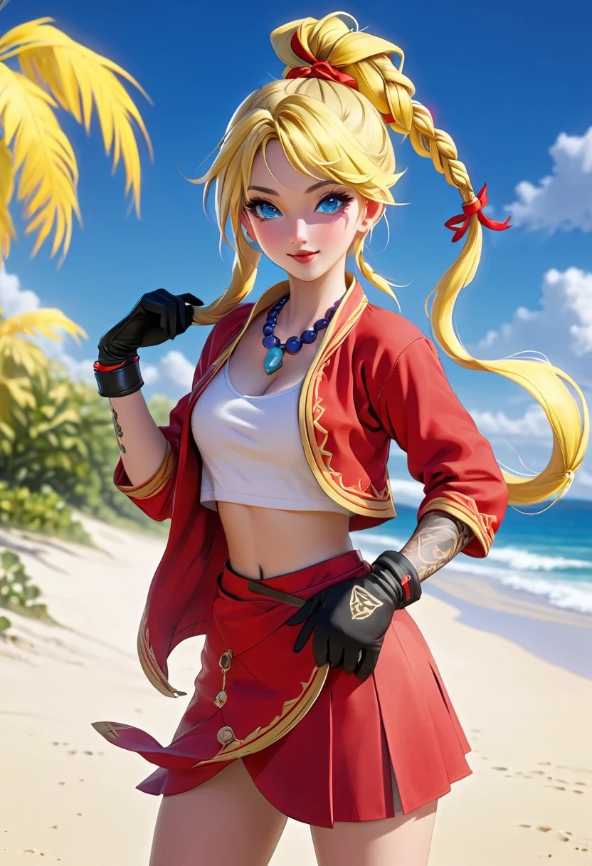 score_9, score_8_up score_7_up, (leg focus), (viewed from slightly below:1.27), ((mature face)), blue eyes, warm smile, 20 years old, yellow hair in a high braided ponytail, (small bust:1.42), navel, standing on white sand beach, fitted jacket 3/4 cropped (red), ((nude torso under jacket)) , form fitting micro skirt (red), ((skirt is partially open)), (yellow pubic hair peeks out of her skirt:1.37), (wearing loose leather boots), (wearing ankle wraps), detailed face, detailed eyes, detailed lips, highly detailed hands, 8k, UHD, cinematic lighting, vivid colors, dramatic shadows, masterpiece, award winning art, (full length portrait:1.37), (wide angle:1.37), (kdecc, ponytail, (facial tattoo), necklace, red vest, midriff, red skirt, gloves), mix make up