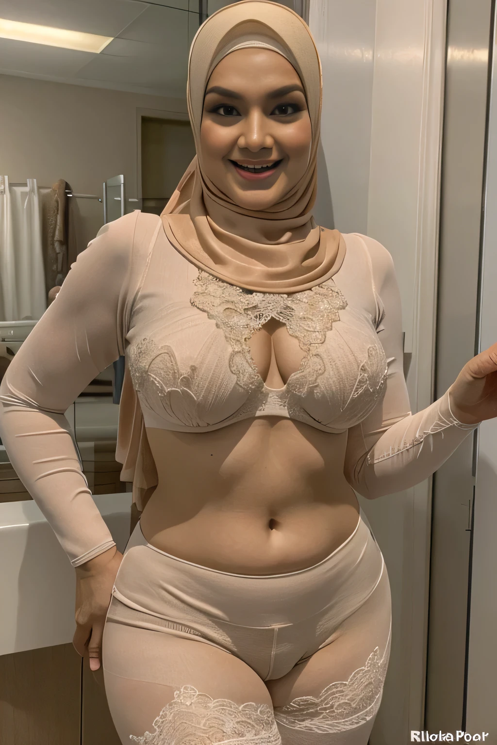 One beautiful d 50 year old malay women with pastel color hijab cooking breakfast wearing white lace bra and pink leggings , sagging breasttiful matured faceer, side lighting, dark green modern kitchen, dark green kitchen cabinet, malaysian, professional photography, style raw, pastel color grading, Super 8mm lense, establishing shot, Deep Focus cinematography effect
