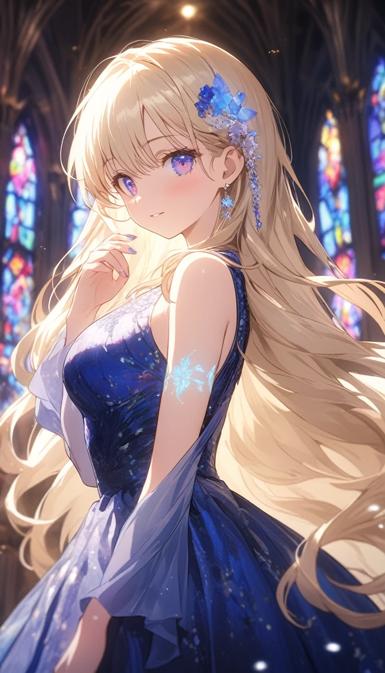 Highest quality, Highest quality, 16K, Unbelievably absurd, Very detailed, 2.5D, delicate and dynamic,church,Vibrant stained glass,woman,22 years old,Elegance,Shiny Hair,Western beauties,smile