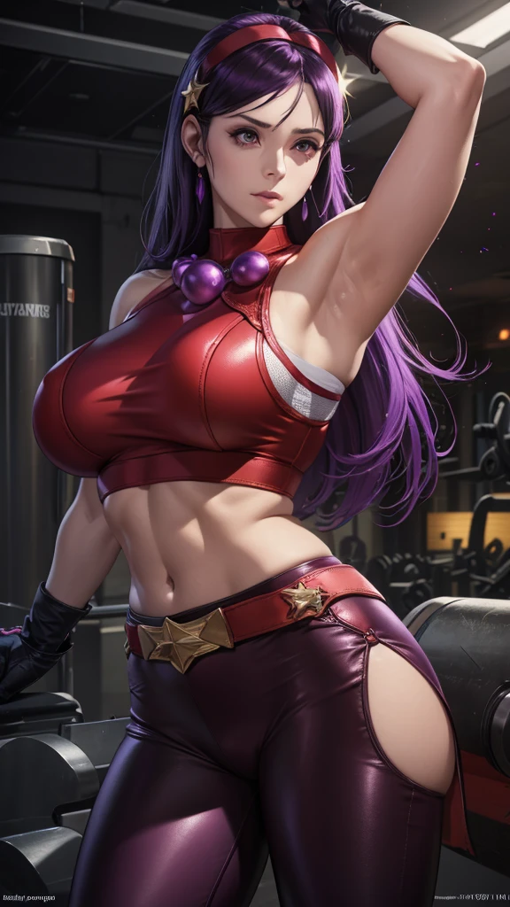 Realistic 1.2, She is at the gym, gym, headband, long hair, purple haingerless gloves, purple eyes, headband vermelha, jewelry, star, (symbol), hair ornament, red sports skirt ,  black legue pants underneath , hair ornament de star, big breasts, red tank top, fringe, big breasts, red gloves, VFX (Visual Effect)  highlight intricate anatomical features in a perfect way. sfx, complement visual art, immersing the viewer. The level of detail is inspiring,  with meticulously crafted intricate elements ,  volumetric effects add depth and dimension , and the photorealism is unmatched. The image is rendered in 8K resolution,  ensuring super-detailed visuals , highlighting your beauty and aura in a supernatural way.  High Dynamic Range technology  (HDR)  makes the cores stand out , adding richness to the overall composition. Finally, this art presents an unreal portrait.