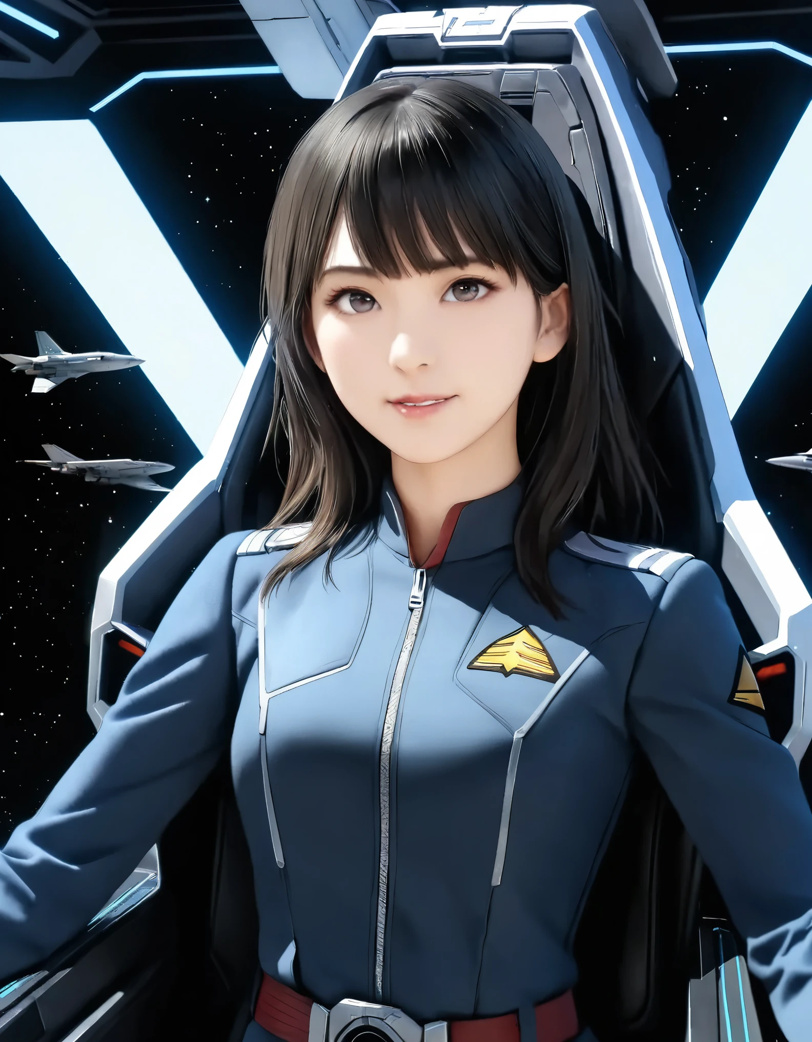 (best quality, 8k, high resolution:1.2), 1girl, universe, earth, Starfleet support fire, gundamwingcockpit, upper body