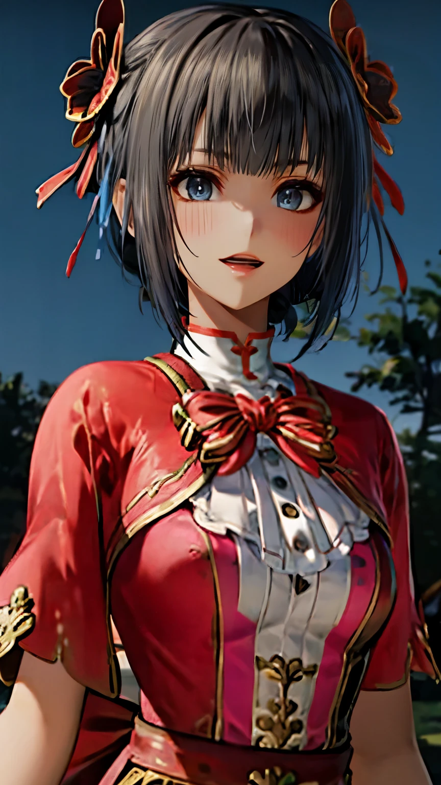 Medium size display,  medium shot,  depth of field, bust,  upper body,  cinematic angle, masterpiece,  best quality, Super detailed, CG, 8K wallpaper, Beautiful Face, Delicate eyes, Alone, smile, bangs, skirt, shirt, Have, dress, bow, 