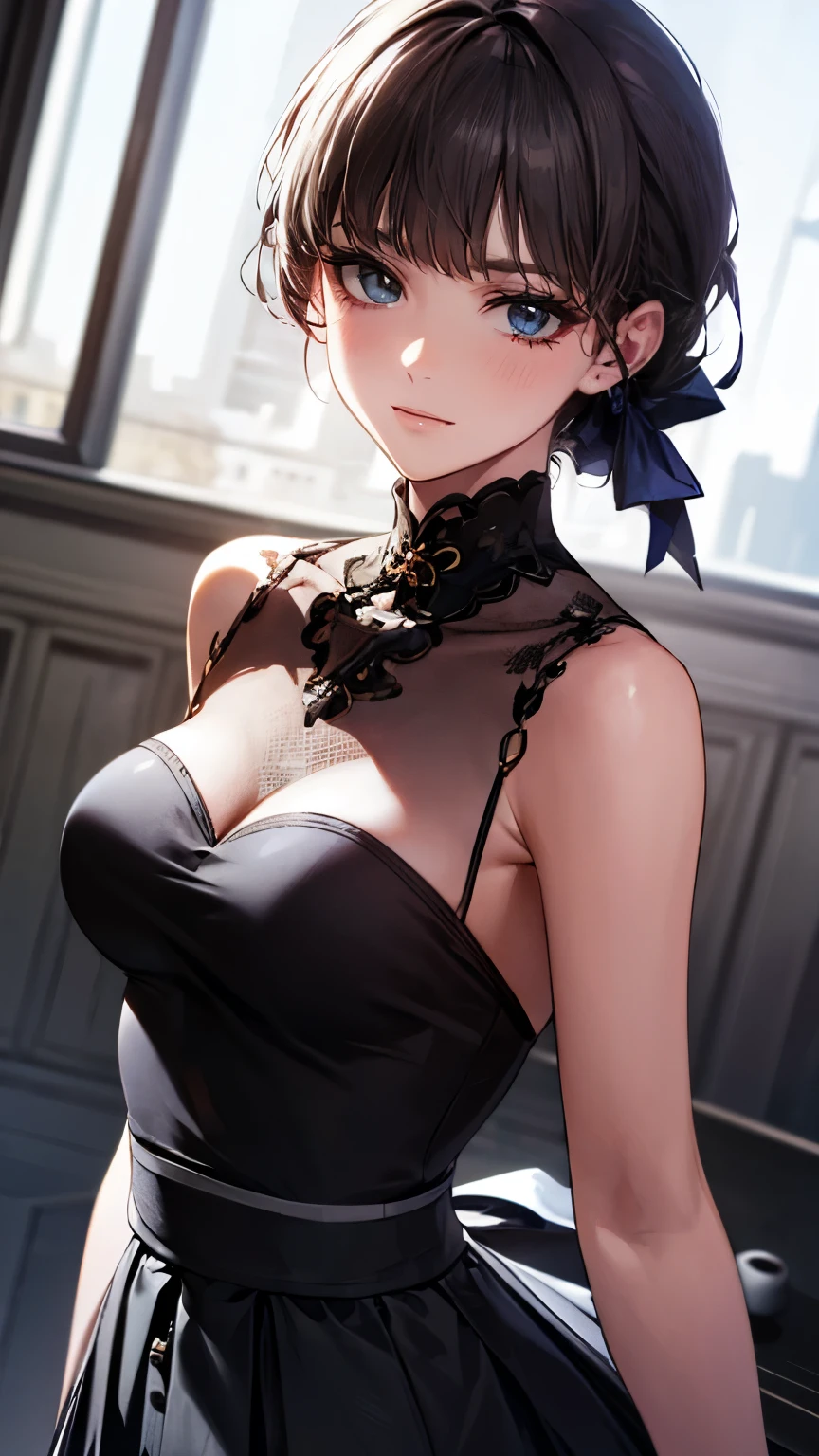 Medium size display,  medium shot,  depth of field, bust,  upper body,  cinematic angle, masterpiece,  best quality, Super detailed, CG, 8K wallpaper, Beautiful Face, Delicate eyes, Alone, smile, bangs, skirt, shirt, Have, dress, bow, 